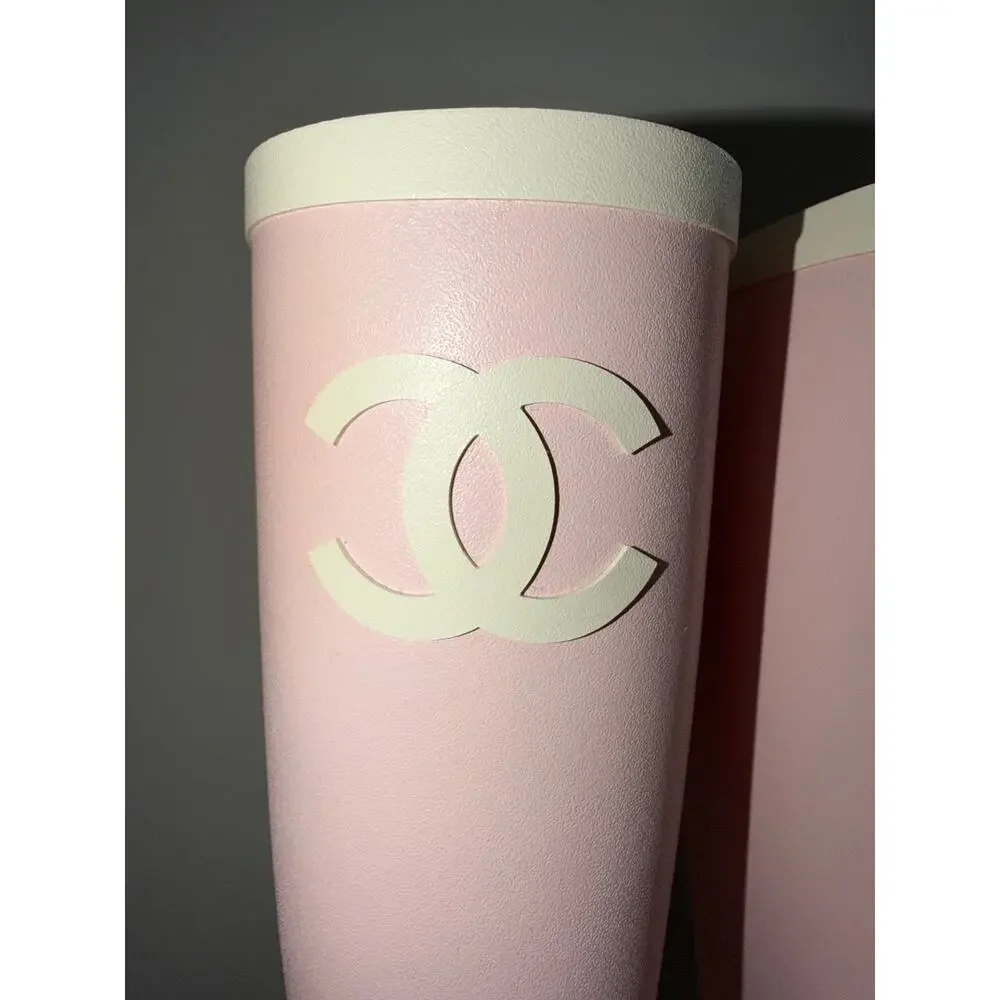 Chanel REV Rose Pink White Caoutchouc CC Logo High Pull On Rubber Rain Boots 39